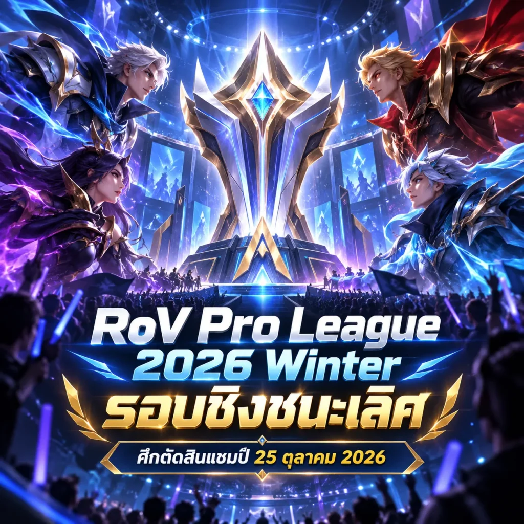 RoV Pro League 2026 Winter รอบชิงชนะเลิศ ภาพปกการแข่งขันอีสปอร์ต พร้อมถ้วยแชมป์และตัวละครเกม RoV